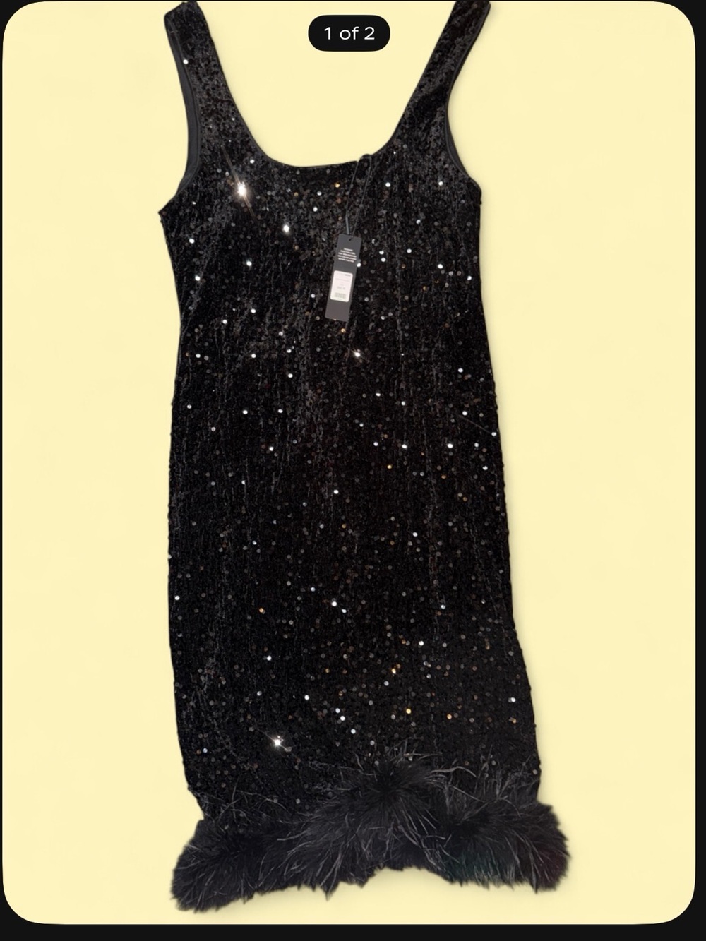 Fashion Nova Black Sequin Midi Dress with Feather Hem